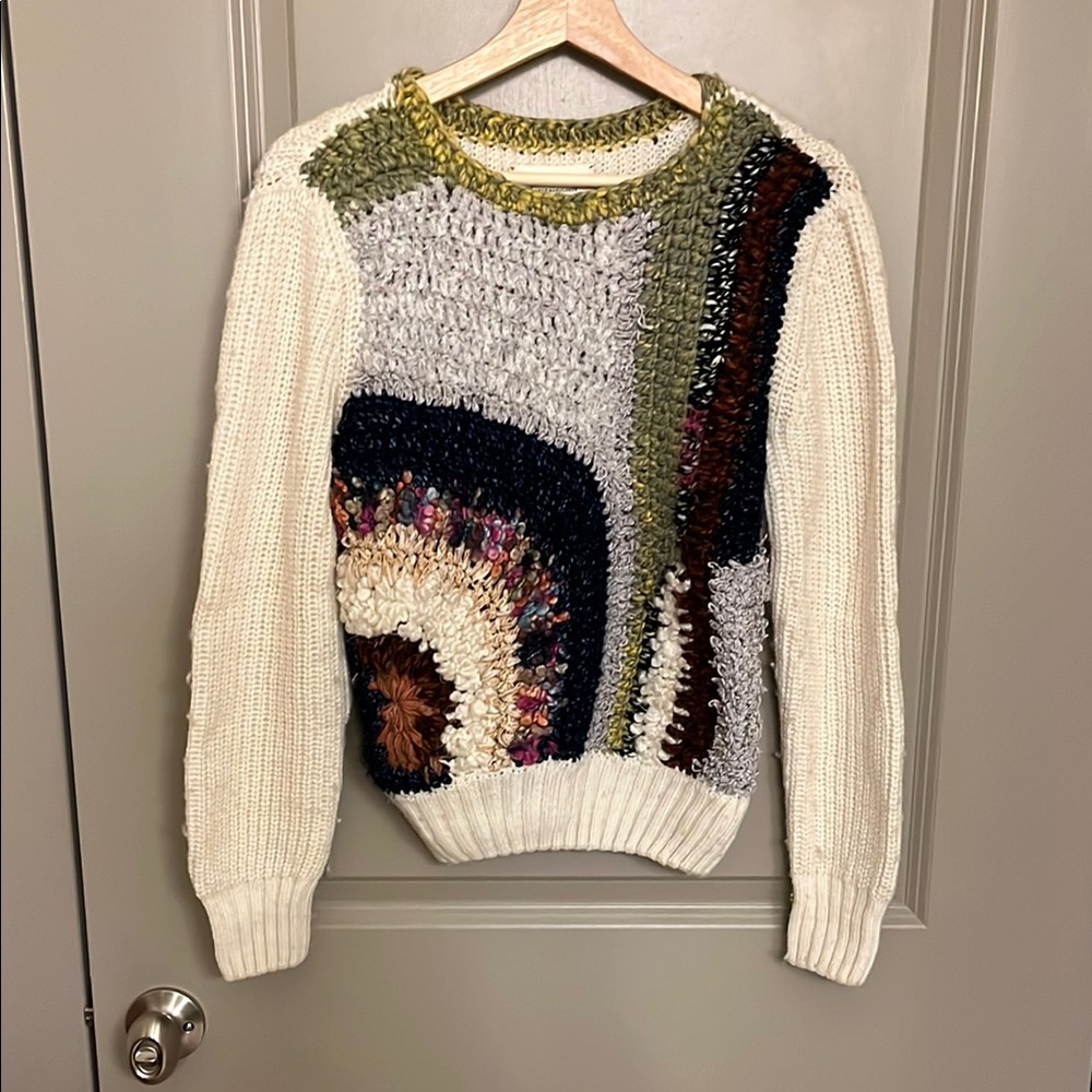 Anthropologie Cream and Green Crew Neck Sweater with Artistic Design